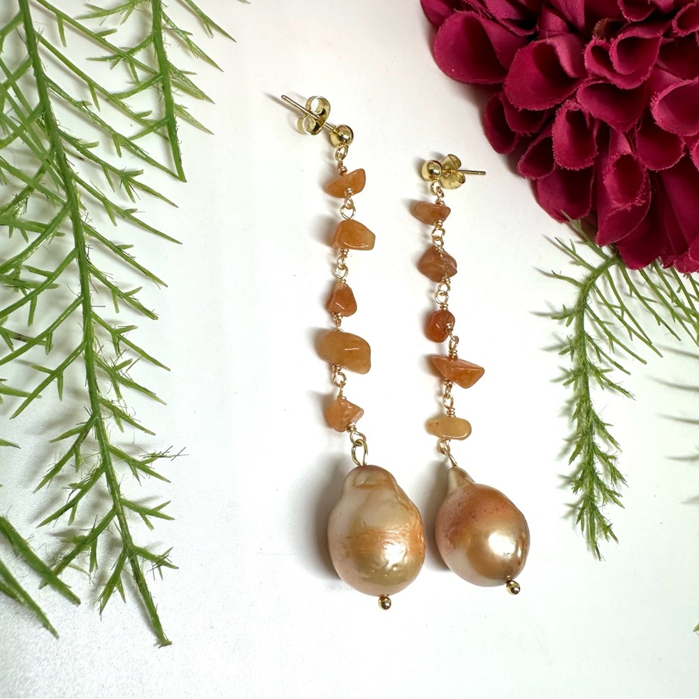 One Of A Kind⚜️Carnelian Baroque Pearl Handmade Earrings - Picture 3 of 6